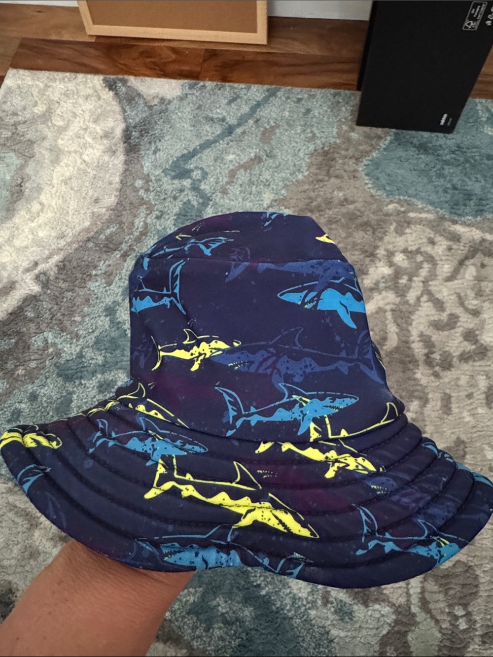 Shark Print Navy Bucket Hat with Blue & Yellow Sharks
